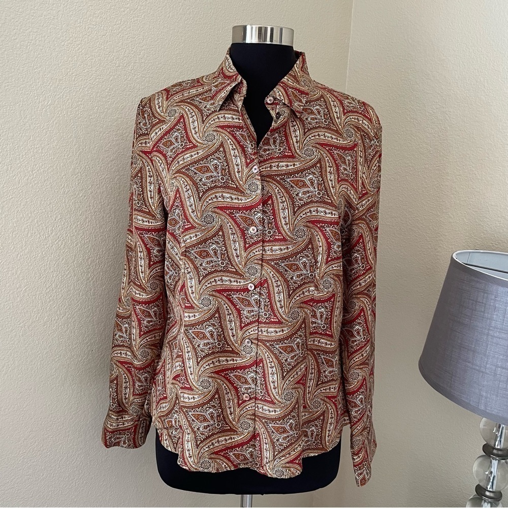 Talbots Silk Paisley Print Button Down Burgundy Shirt Size 16/P